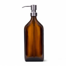 Load image into Gallery viewer, 500ml Rectangular Amber Glass Soap Dispenser Bottles with Brushed Stainless Steel Metal Pump