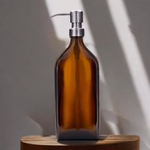 Load image into Gallery viewer, 500ml Rectangular Amber Glass Soap Dispenser Bottles with Brushed Stainless Steel Metal Pump