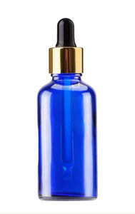 50ml Blue Glass Bottles with Gold/Black Glass Pipettes