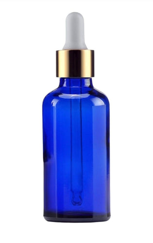 50ml Blue Glass Bottles with Gold/White Glass Pipettes