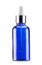 Load image into Gallery viewer, 50ml Blue Glass Bottles with Silver/White Glass Pipettes