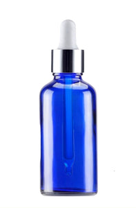 50ml Blue Glass Bottles with Silver/White Glass Pipettes