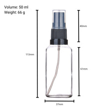 Load image into Gallery viewer, 50ml Clear Glass Spray Bottle with Black German-Made Atomiser &amp; Clear Overcap | Refillable Fine Mist Spray for Skincare, Essential Oils, and DIY Solutions