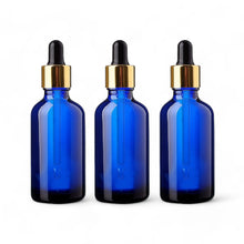 Load image into Gallery viewer, 50ml Blue Glass Bottles with Gold/Black Glass Pipettes