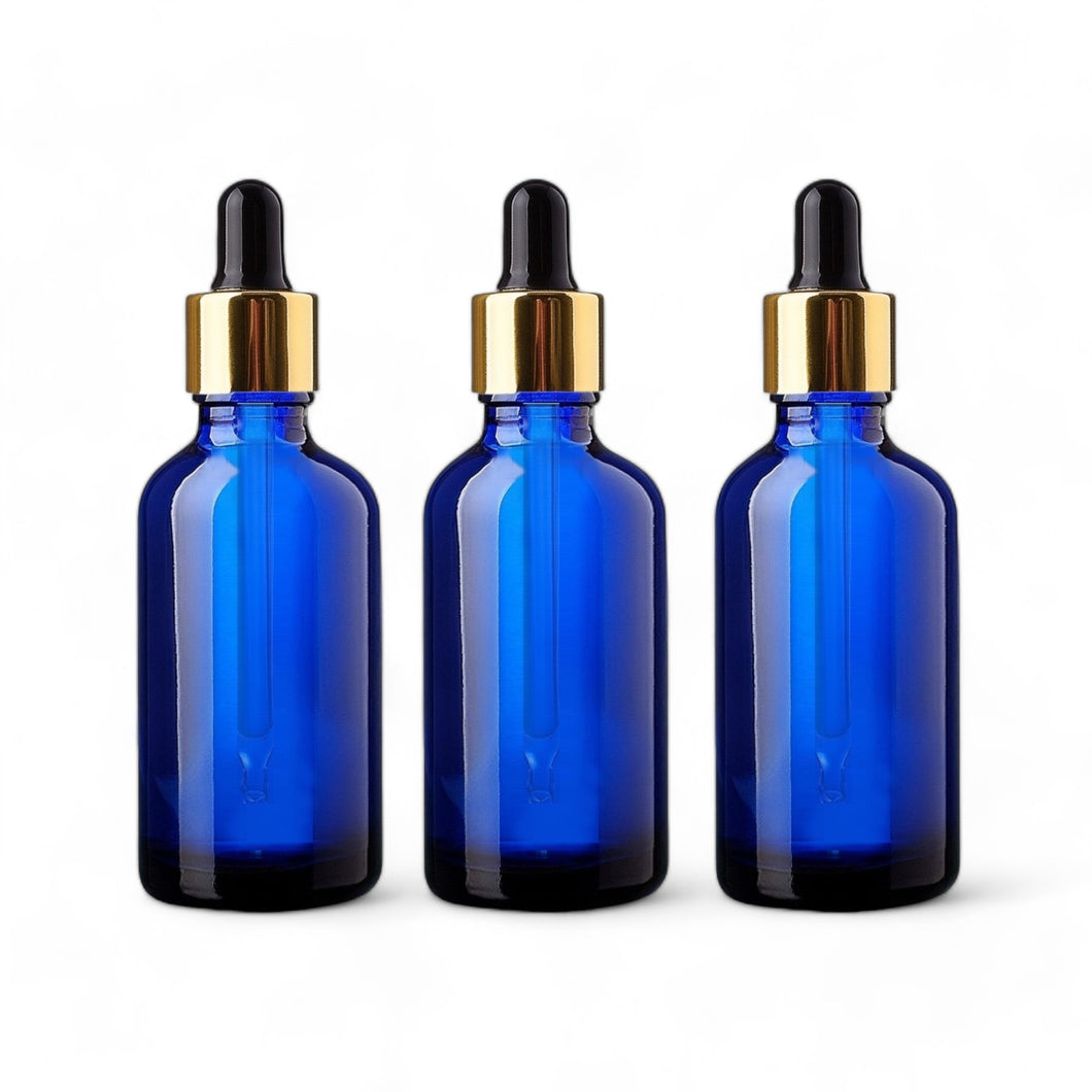 50ml Blue Glass Bottles with Gold/Black Glass Pipettes