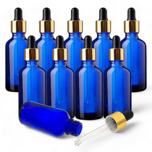 50ml Blue Glass Bottles with Gold/Black Glass Pipettes