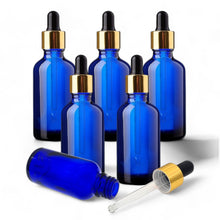 Load image into Gallery viewer, 50ml Blue Glass Bottles with Gold/Black Glass Pipettes