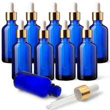 Load image into Gallery viewer, 50ml Blue Glass Bottles with Gold/White Glass Pipettes