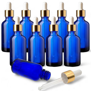 50ml Blue Glass Bottles with Gold/White Glass Pipettes