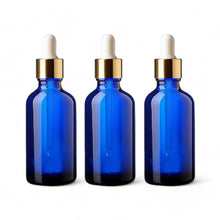 Load image into Gallery viewer, 50ml Blue Glass Bottles with Gold/White Glass Pipettes