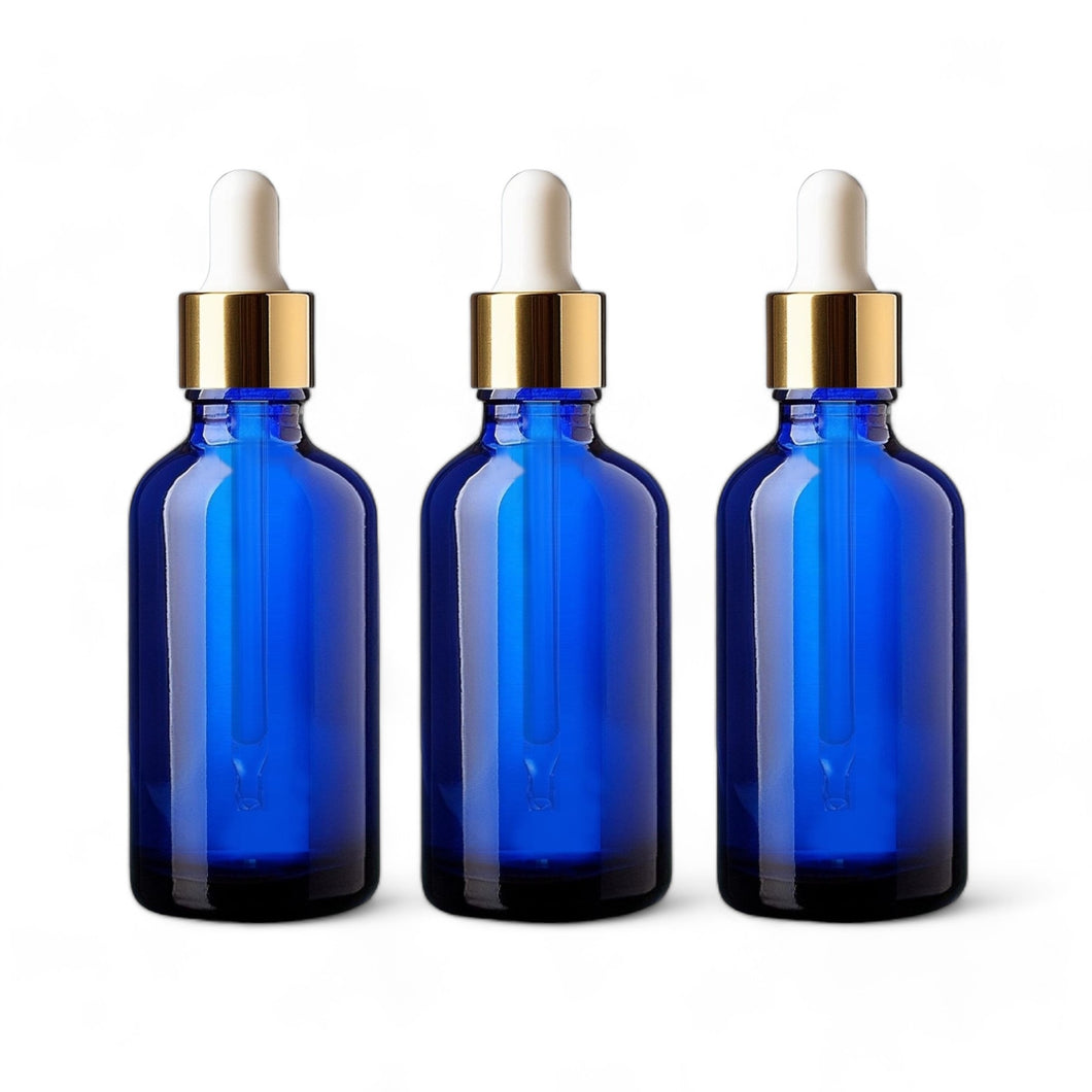 50ml Blue Glass Bottles with Gold/White Glass Pipettes