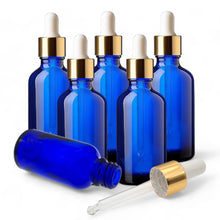 Load image into Gallery viewer, 50ml Blue Glass Bottles with Gold/White Glass Pipettes