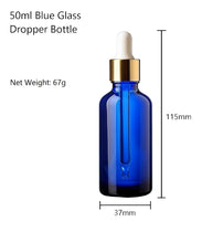 Load image into Gallery viewer, 50ml Blue Glass Bottles with Gold/White Glass Pipettes