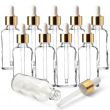 Load image into Gallery viewer, 50ml Clear Glass Bottles with Gold/White Glass Pipettes