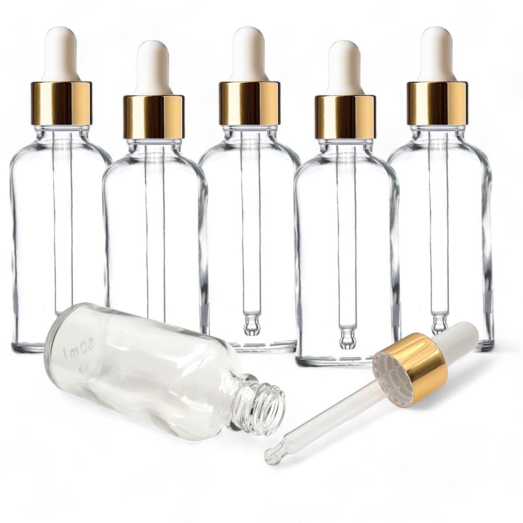 50ml Clear Glass Bottles with Gold/White Glass Pipettes