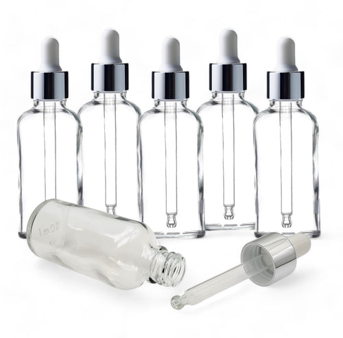 50ml Clear Glass Bottles with Silver/White Glass Pipettes