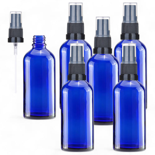 100ml Blue Glass Spray Bottle with Black German-Made Atomizer & Clear Overcap | Refillable Fine Mist Spray for Essential Oils, Beauty Products, and Cleaning Solutions