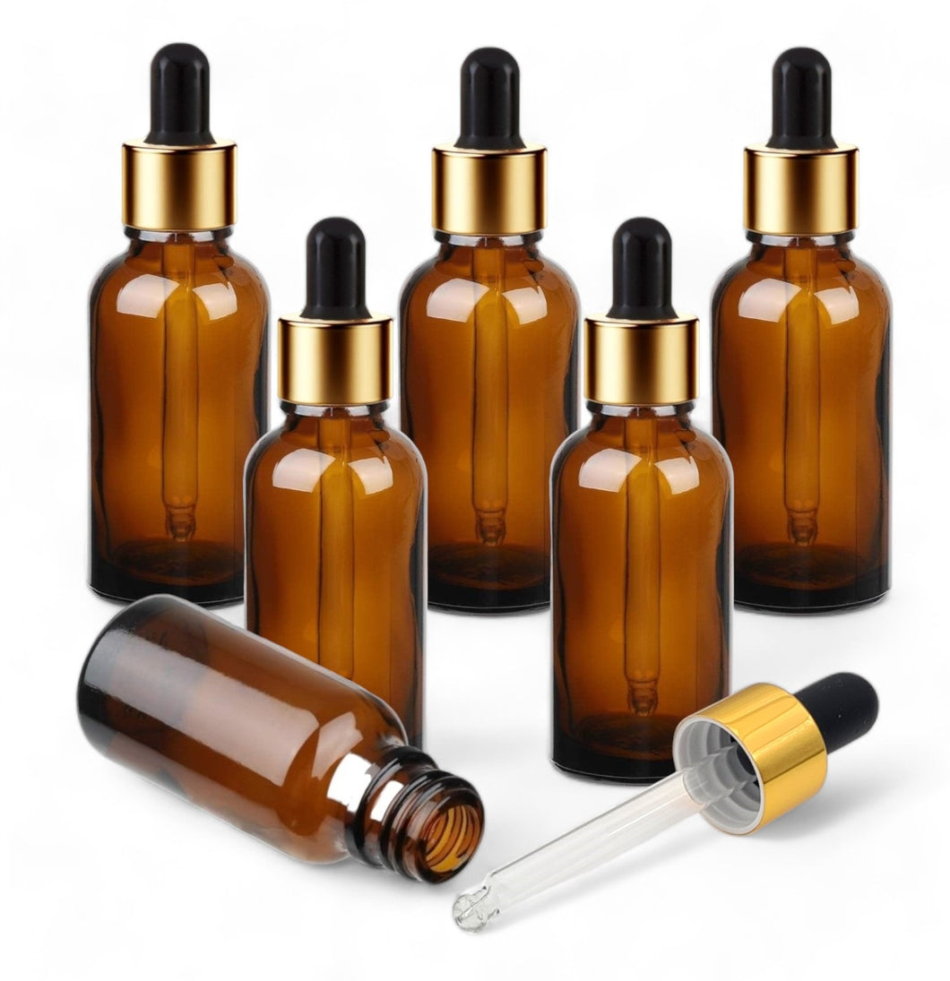 50ml Amber Glass Bottles with Gold/Black Glass Pipettes