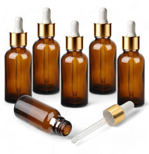 Load image into Gallery viewer, 50ml Amber Glass Bottles with Gold/White Glass Pipettes