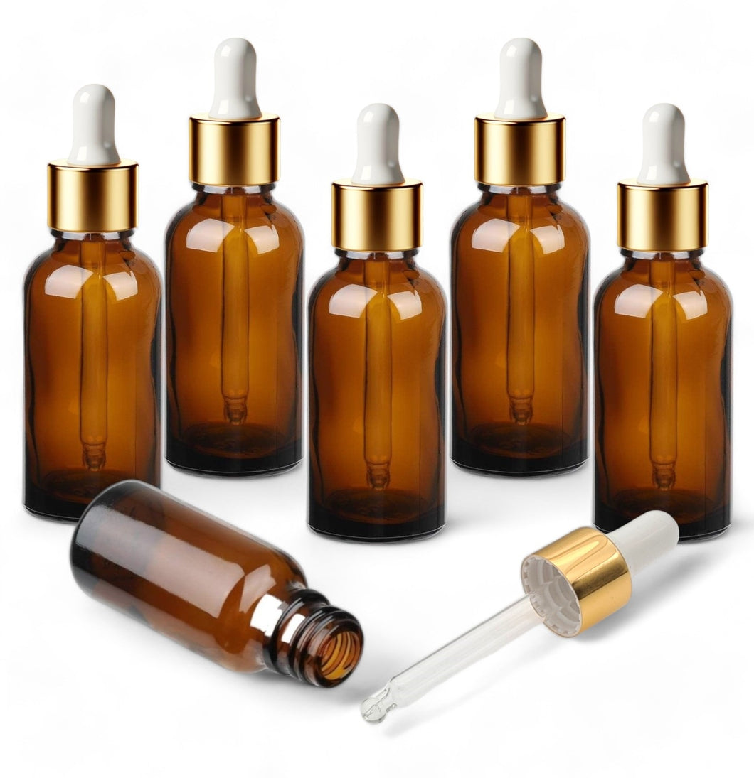 50ml Amber Glass Bottles with Gold/White Glass Pipettes