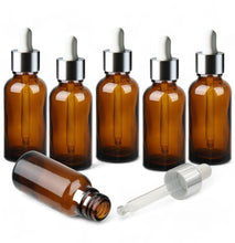 Load image into Gallery viewer, 50ml Amber Glass Bottles with Silver/White Glass Pipettes