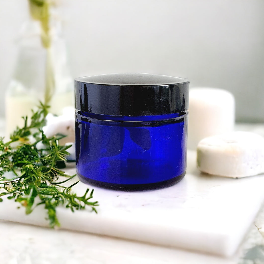 50ml Cobalt Blue Glass Jar with Airtight Black Lid - Luxury Cosmetic Container for Creams & Salves, 51mm Neck Diameter