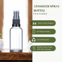 Load image into Gallery viewer, 50ml Clear Glass Spray Bottle with Black German-Made Atomiser &amp; Clear Overcap | Refillable Fine Mist Spray for Skincare, Essential Oils, and DIY Solutions