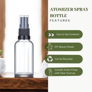 50ml Clear Glass Spray Bottle with Black German-Made Atomiser & Clear Overcap | Refillable Fine Mist Spray for Skincare, Essential Oils, and DIY Solutions