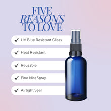 Load image into Gallery viewer, 100ml Blue Glass Spray Bottle with Black German-Made Atomizer &amp; Clear Overcap | Refillable Fine Mist Spray for Essential Oils, Beauty Products, and Cleaning Solutions