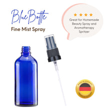 Load image into Gallery viewer, 100ml Blue Glass Spray Bottle with Black German-Made Atomizer &amp; Clear Overcap | Refillable Fine Mist Spray for Essential Oils, Beauty Products, and Cleaning Solutions