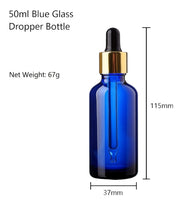 Load image into Gallery viewer, 50ml Blue Glass Bottles with Gold/Black Glass Pipettes