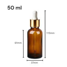 Load image into Gallery viewer, 50ml Amber Glass Bottles with Gold/White Glass Pipettes