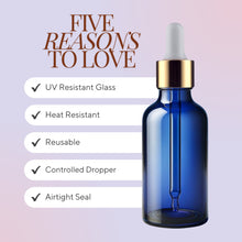 Load image into Gallery viewer, 30ml Blue Glass Bottles with Gold/White Glass Pipettes