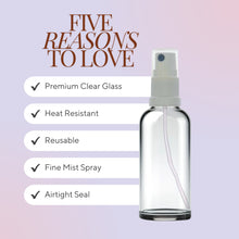 Load image into Gallery viewer, 100ml Clear Glass Spray Bottle with White German-Made Atomiser &amp; Clear Overcap | Refillable Fine Mist Spray for Beauty Products, Essential Oils, and Cleaning Solutions