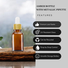 Load image into Gallery viewer, 15ml Amber Glass Bottles with Gold/White Glass Pipettes