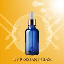 Load image into Gallery viewer, 50ml Blue Glass Bottles with Gold/White Glass Pipettes