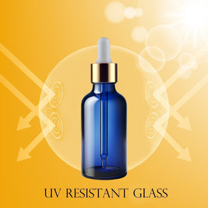 50ml Blue Glass Bottles with Gold/White Glass Pipettes