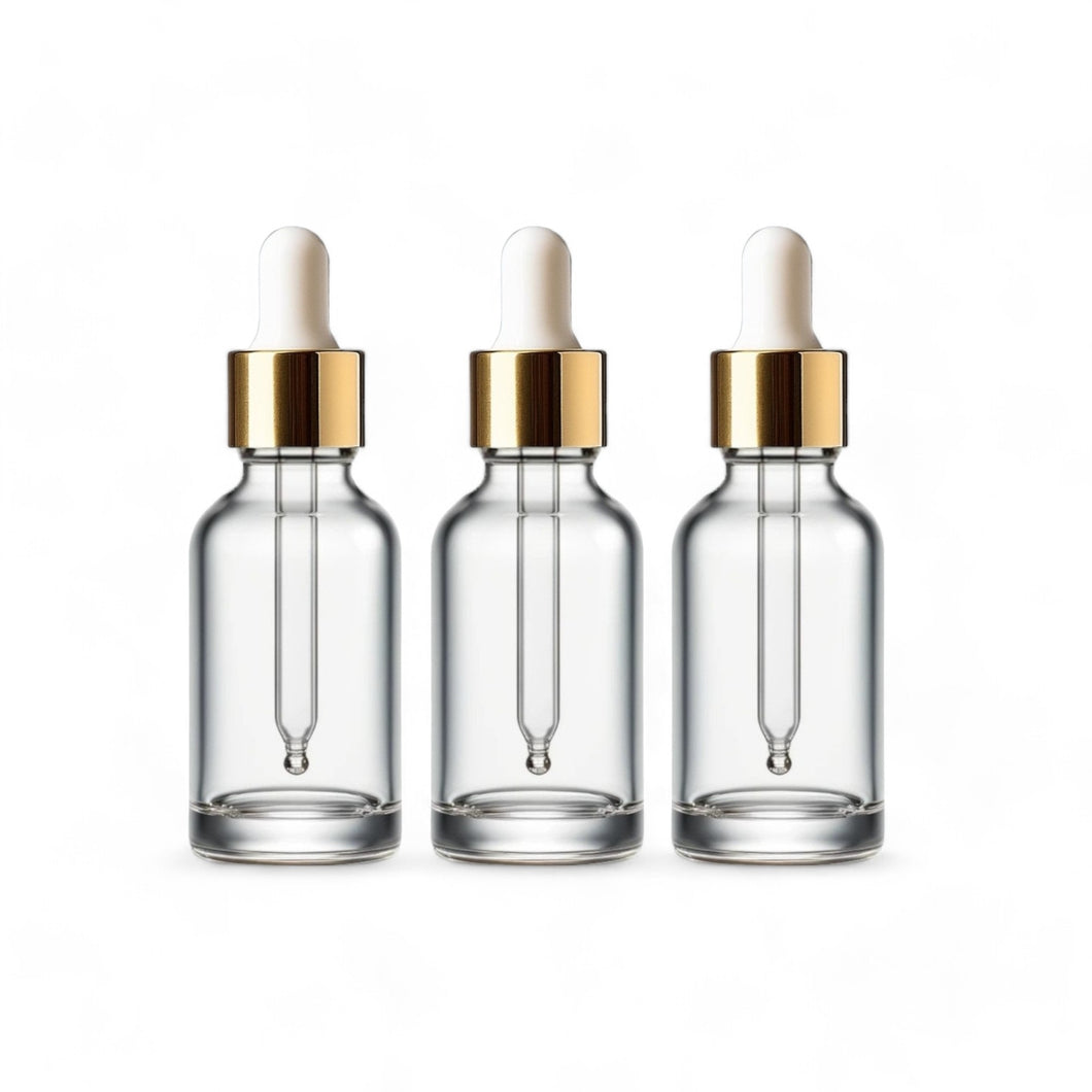 15ml Clear Glass Bottles with Gold/White Glass Pipettes