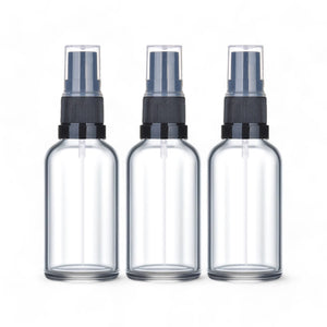 50ml Clear Glass Spray Bottle with Black German-Made Atomiser & Clear Overcap | Refillable Fine Mist Spray for Skincare, Essential Oils, and DIY Solutions