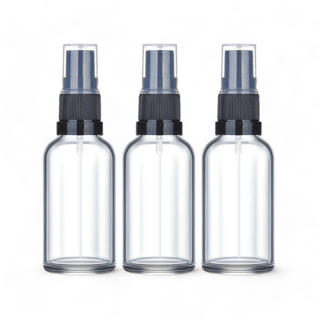 50ml Clear Glass Spray Bottle with Black German-Made Atomiser & Clear Overcap | Refillable Fine Mist Spray for Skincare, Essential Oils, and DIY Solutions