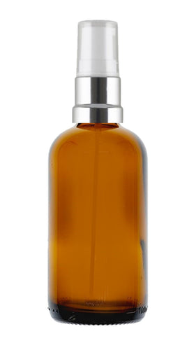 100ml Amber Glass Dropper Bottles with Silver/White Treatment Pump and Clear Over Cap