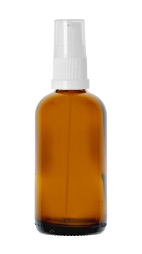 100ml Amber Glass Dropper Bottles with White Treatment Pump and Clear Over Cap
