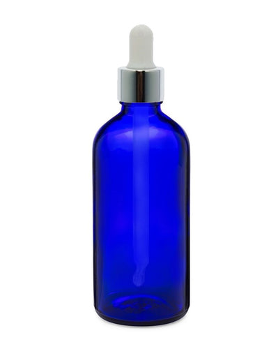 100ml Blue Glass Bottles with Silver/White Glass Pipettes