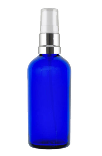 100ml Blue Glass Bottles with Silver/White Treatment Pump and Clear Over Cap
