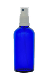 100ml Blue Glass Bottles with White Atomiser Spray and Clear Over Cap