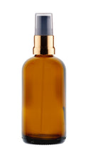 Load image into Gallery viewer, 100ml Amber Glass Bottles with Gold/Black Treatment Pump and Clear Overcap