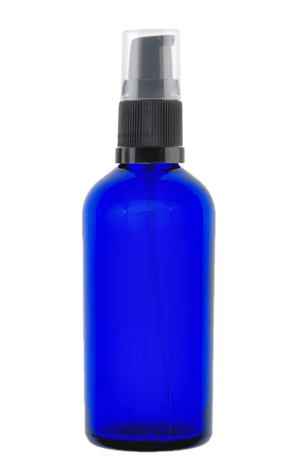 100ml Blue Glass Bottles with Black Treatment Pump and Clear Overcap