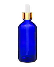 Load image into Gallery viewer, 100ml Blue Glass Bottles with Gold/White Glass Pipettes