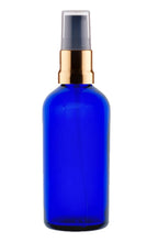 Load image into Gallery viewer, 100ml Blue Glass Bottles with Gold/Black Treatment Pump and Clear Overcap