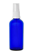 Load image into Gallery viewer, 100ml Blue Glass Bottles with White Treatment Pump and Clear Overcap